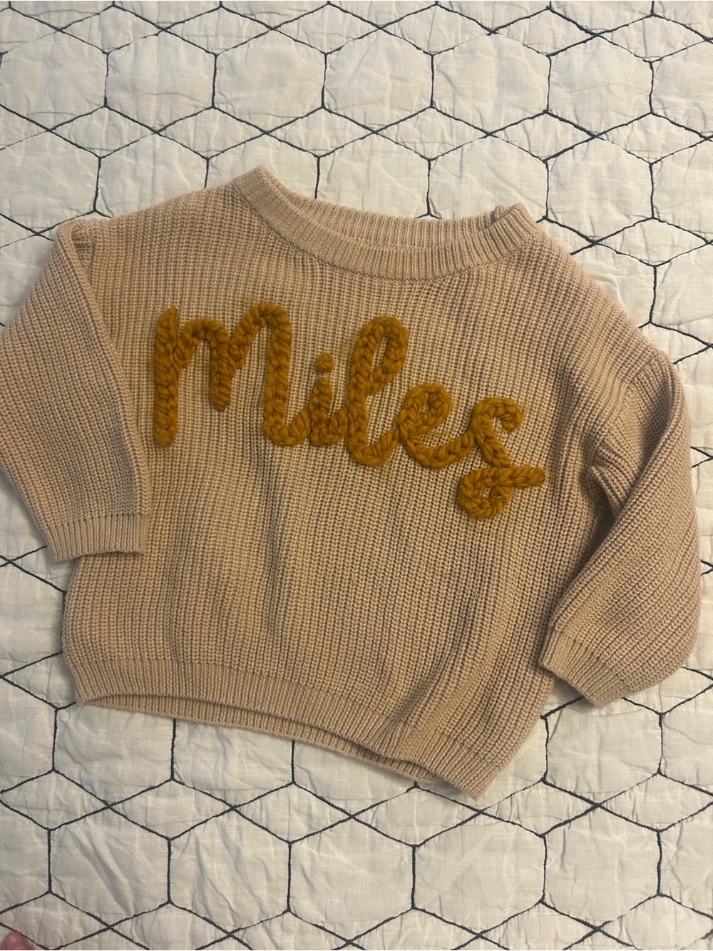 Personalized Kids Neutral Knit Sweater with Mustard Chenille Script: MILES